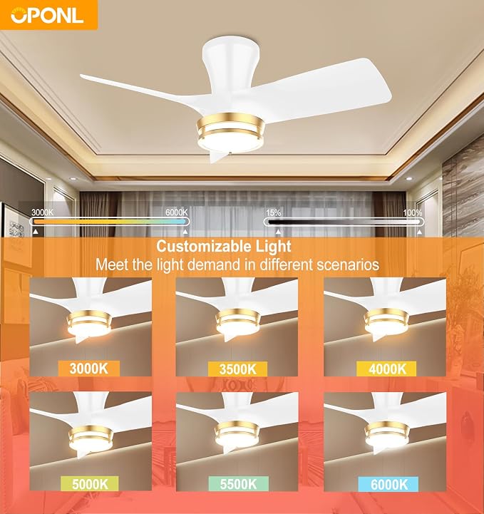 OPONL Ceiling Fan with Light, 30 inch Low Profile Ceiling fan with Light and Remote Control, Reversible, 6CCT, Dimmable, Noiseless, White Ceiling Fan for Bedroom, Indoor/Outdoor Use, Modern