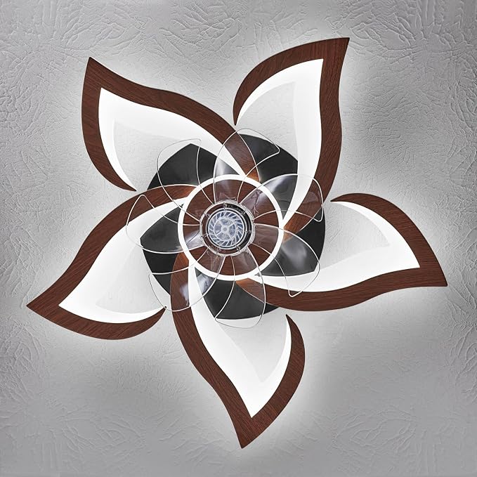 Dalouguan 24" Ceiling Fan with Lights Remote Control, Wooden Geometric 6 Speeds 3 Light Color Low Profile Flush Mount Ceiling Fan for Kitchen Bedroom