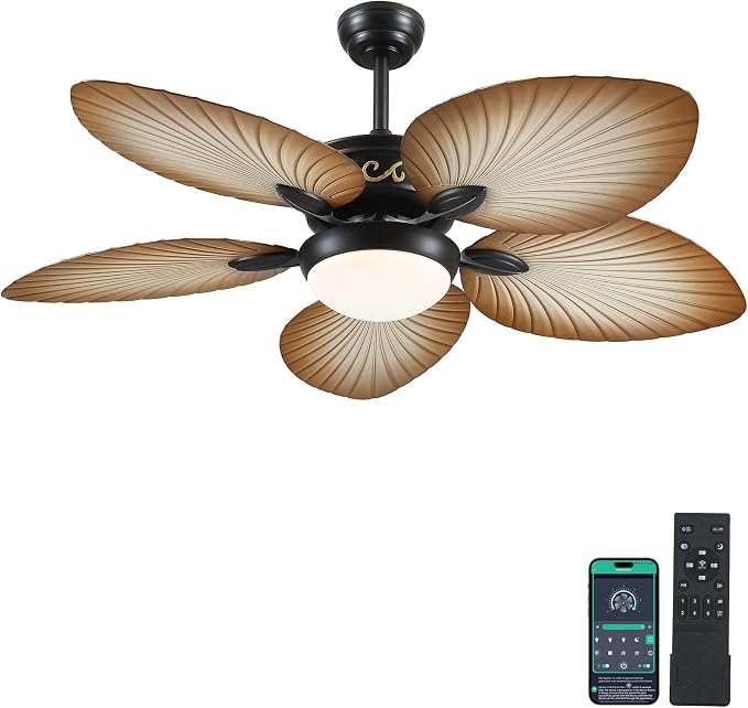 Wiviniya 52 Inch Tropical Ceiling Fans with Lights, Palm Leaf Outdoor Ceiling Fan with Light for Patios Porch Bedroom, Remote/APP Control, Reversible Quiet DC Motor, Dimmable LED, Wood Grain