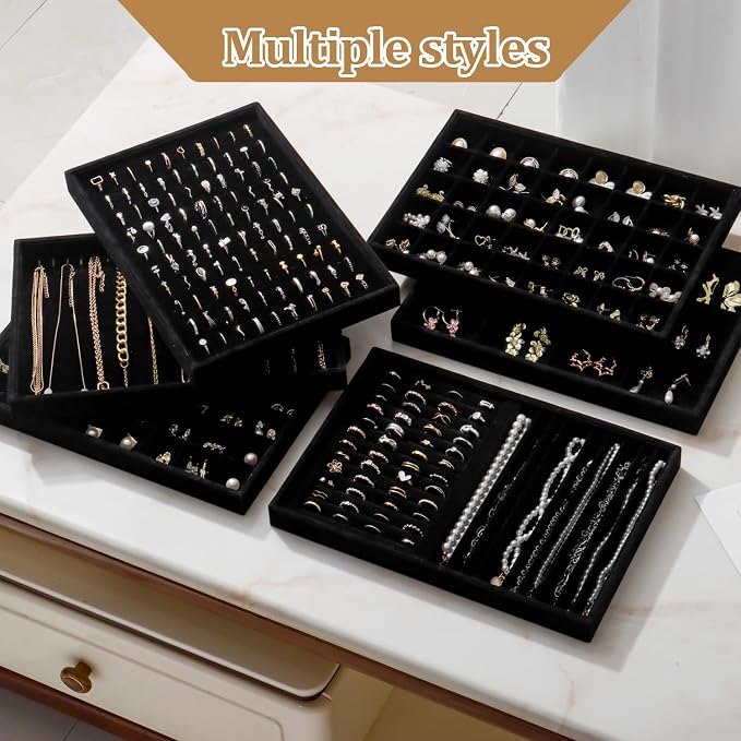 Large Velvet Jewelry Tray 2 Pack Stackable Jewelry Display Drawer Inserts Trays Organizer for Earring Bracelet Necklace Ring (Black, 1 Grid)