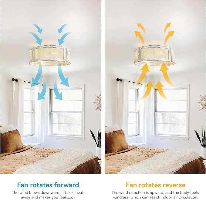 20" Boho Ceiling Fans with Lights, Rattan Flush Mount Ceiling Fan with Light Remote Control with Caged 6 Speeds for Bedroom, Nursery, Living Room (White)