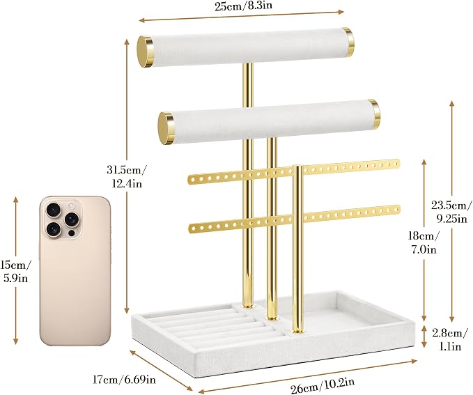 Jewelry Organizer Stand for Necklaces, Bracelets, Earrings, Rings, White | 3 Tier Velvet Bracelet Holder Display | Jewelry Organizers and Storage | Jewelry Tree | Jewelry Towers