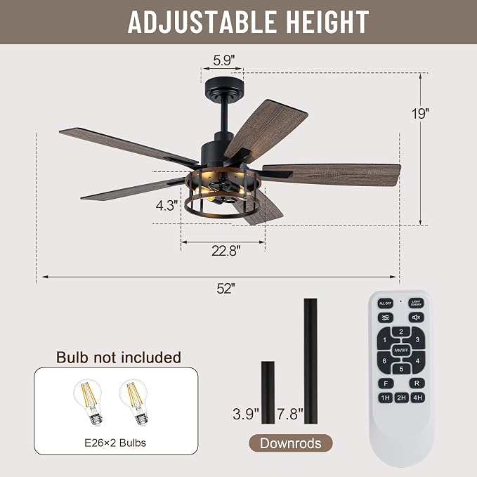 52" Farmhouse Ceiling Fans with Lights and Remote Control | Reversible Motor,5 Double Finish Wood Blades,Black Rustic Industrial Caged Ceiling Fan with Light for Living Room/Dining Room