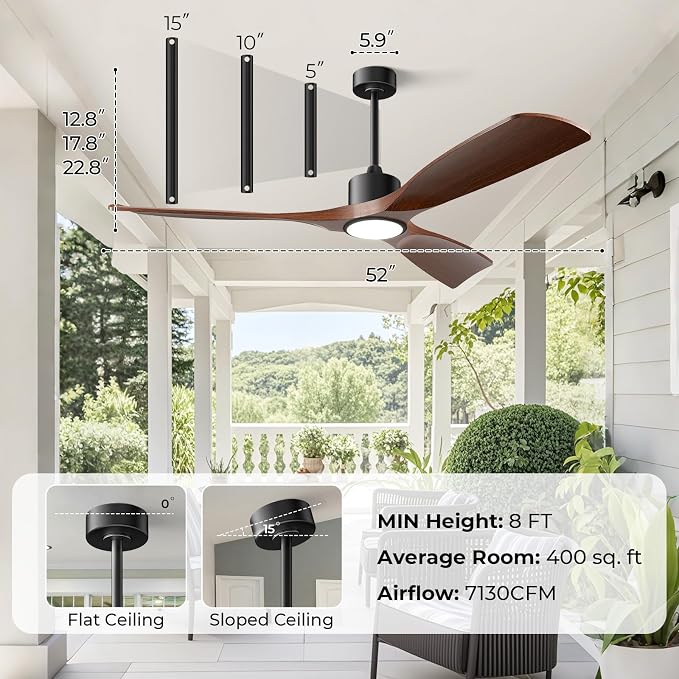 52" Smart Ceiling Fan with Lights,Outdoor Ceiling Fan Compatible with Alexa/Google/App/Remote,3-Color Light 6-Speed Quiet Reversible DC Motor for Patio Bedroom Living Room,Dark Walnut