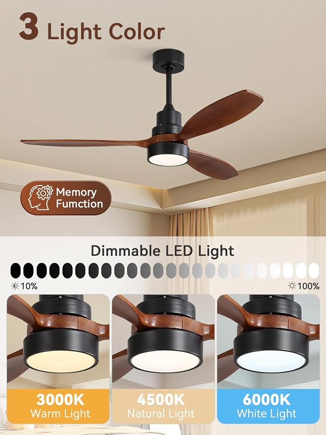 Sofucor Ceiling Fan with Lights and Remote, 52 inch Modern LED Wood Ceiling Fan with Downrods, for Indoor Bedroom Living Room Outdoor Patio Porch, Reversible, Quiet and Powerful
