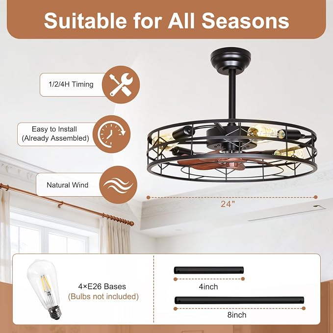 TCL 24 Inch Caged Ceiling Fan with Light and Remote, Low Profile Flush Mount Fandelier, Rustic Farmhouse Style Ceiling Fans for Bedroom, Kitchen, Easy to Install