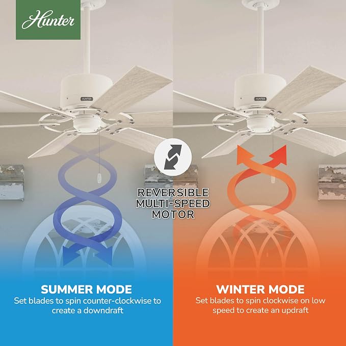 Hunter 52 inch Indoor Ceiling Fan No Light - White Ceiling Fan without Light, 6 Blades, Standard Mount, For Bedroom, Living Room, or Kitchen, Pull Chain - Gilrock 52354, Matte White