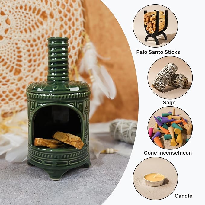 MOUGIGI Handmade Ceramic Palo Santo Holder & Mini Chiminea Incense Dish-Perfect for Palo Santo Sticks, Altar，Sage, and Cone Burning-Zen Decor for Energy Cleansing, Yoga, Meditation & Aromatherapy