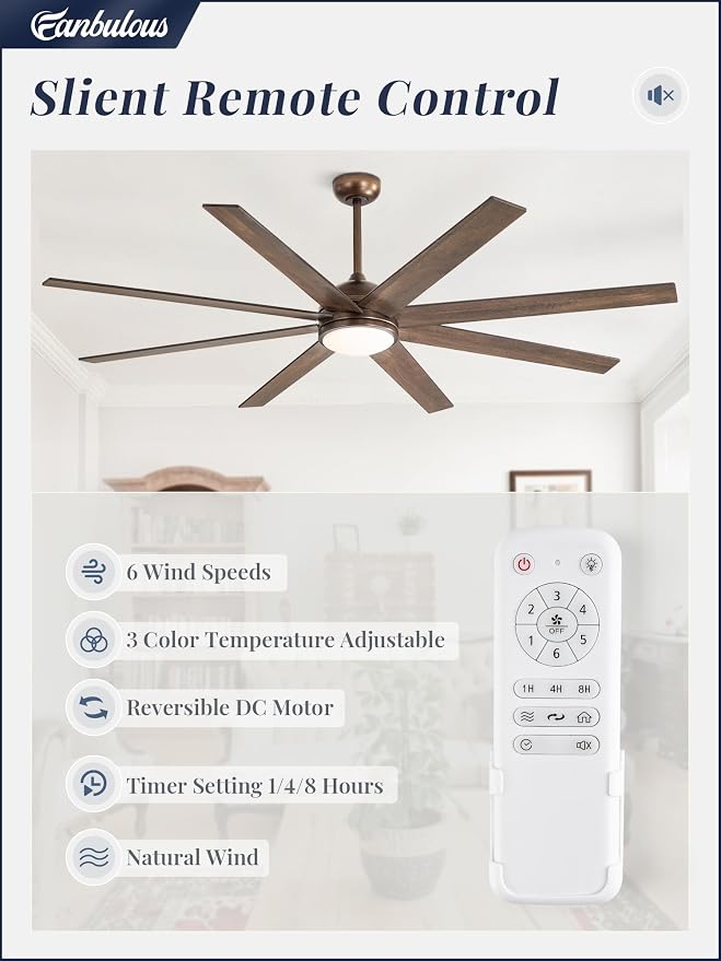 Fanbulous Ceiling Fans with Lights, 72 inch Large Ceiling Fan with Light and Remote, Outdoor Bronze Ceiling Fan for Living Room Patio, 6 Speeds, Reversible Quiet DC Motor, 3 CCT, Bi-color 8 Blades