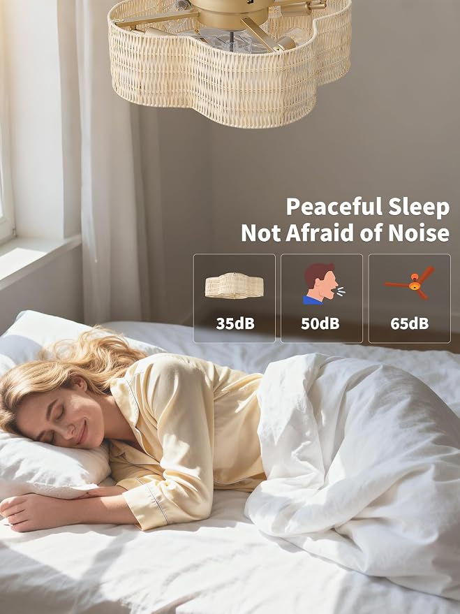 Boho Ceiling Fans with Lights, 20" Low Profile Ceiling Fan with Light Remote Control, Bladeless Flush Mount with 6 Speeds for Bedroom, Nursery, Living Room.