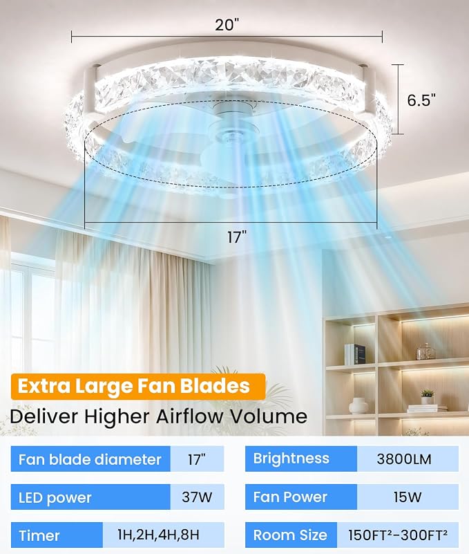 Ceiling Fans with Lights and Remote App 20'' Low Profile Ceiling Fan 3000-6500K Dimmable Modern Flush Mount Ceiling Fan Light LED 6 Speeds Fandelier Ceiling Fans for Bedroom Small Living Room