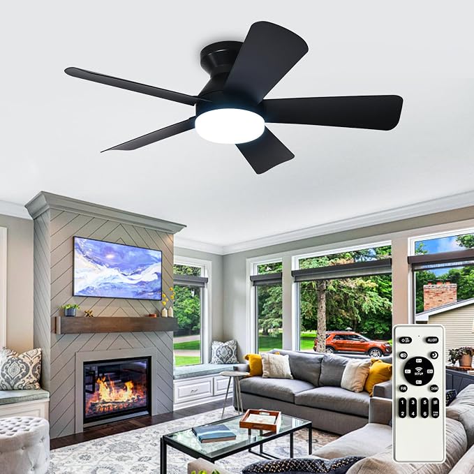 Depuley Modern Ceiling Fan with Light: 35-Inch Black Small Fans for Bedroom Indoor Outdoor - Dimmable Low Profile Ceiling Fans with Remote Control Flush Mount 5 Reversible Black Blades 6 Speeds Timer