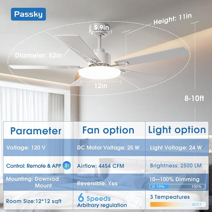 Passky Ceiling Fans with Lights, 52 inch Sleek Ceiling Fan with Light and Remote Control, 3CCT, Dimmable, Reversible, Noiseless, Silver Ceiling Fan for Bedroom, Living Room