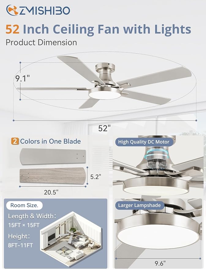 ZMISHIBO 52 Inch Flush Mount Ceiling Fan with Light, Remote&APP, Nickel | 6-Speed Quiet DC Motor, Dimmable 24W LED with 3CCT (3000K-6500K), Modern Low Profile for Living Room, Bedroom, Kitchen