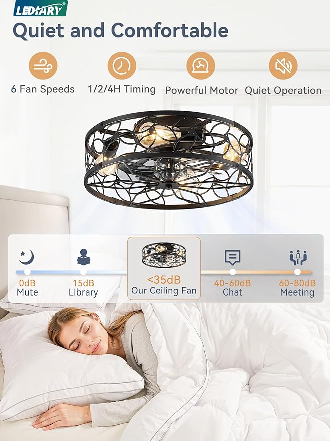 LEDIARY Caged Ceiling Fans with Lights, Black Flush Mount Ceiling Fan with Remote&App, Small Low Profile Bladeless Ceiling Fan Light Fixture for Bedroom, Kitchen, Dining Room.