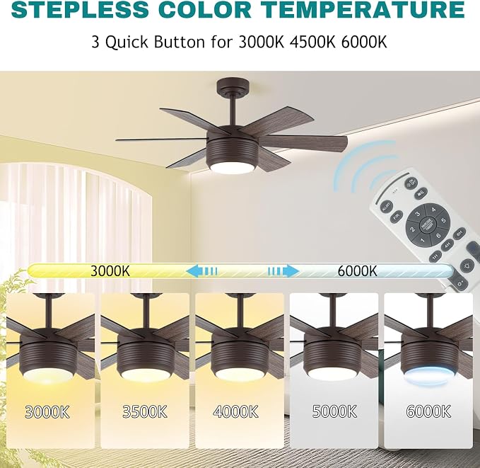 SHOWDI Brown Ceiling Fans with Lights and Remote, Quick Installation, 42 in | 2 Blade Color, Metal Material, App Remote Control, Timer, Reversible, 3CCT, Dimmable for Bedroom, Living room, Indoor