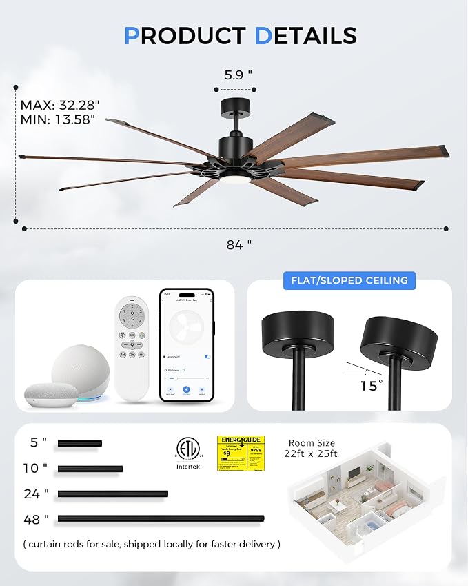 84 Inch Large Ceiling Fan with Light, Industrial Ceiling Fan with 8 Aluminum Blades, Compatible with Alexa, 6-Speed Reversible DC Motor, Ideal for Covered Indoor Outdoor Spaces, ZCCF05AWD-84