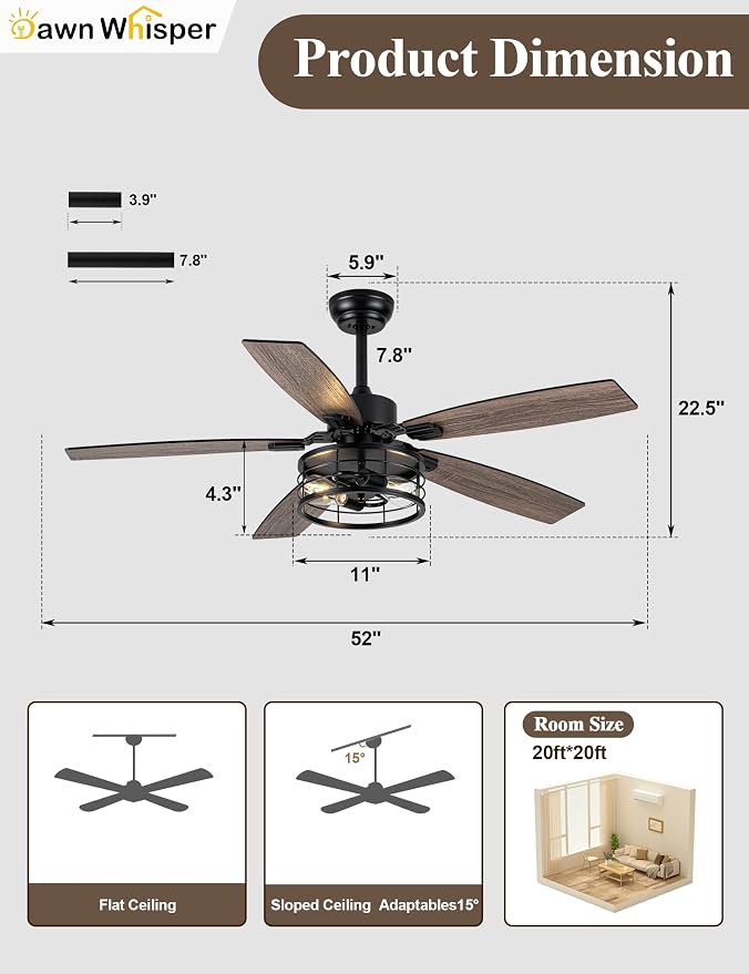 Dawn Whisper 52 Inch Farmhouse Ceiling Fans with Lights and Remote Quiet and Reversible DC Motor Black Industrial Rustic Caged Ceiling Fan for Bedroom Living Room Covered Patio