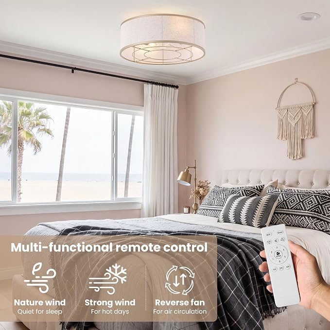20 Inch Boho Ceiling Fan with Light, Low Profile Flush Mount Caged Ceiling Fan, Bladeless Gold Drum Chandelier with Remote, 6 Speed Reversible DC Motor for Bedroom Living Room, E26 Base