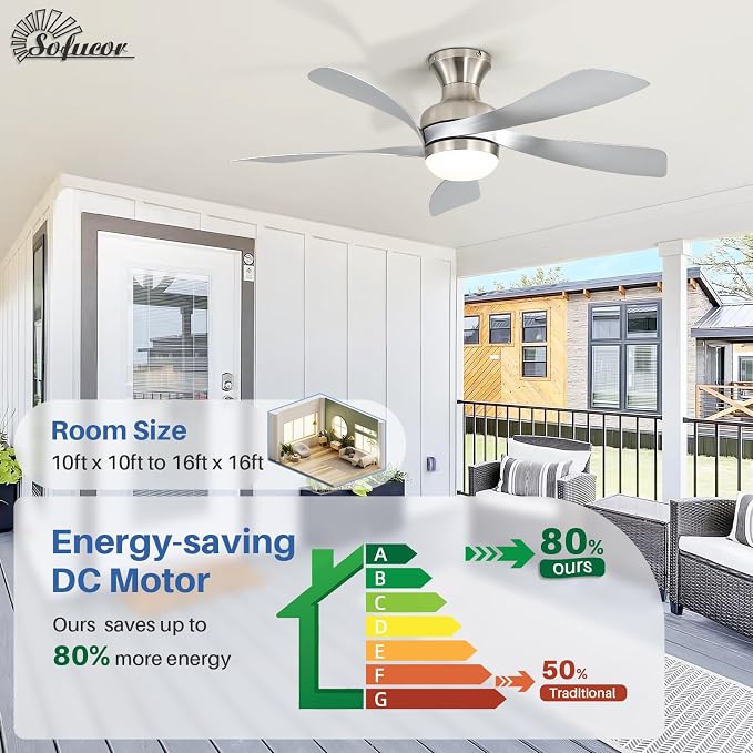 Sofucor Smart 42'' Low Profile Ceiling Fan with Lights and Remote, Flush Mount Ceiling Fan Work with APP/Alexa/Google for Modern Bedroom Living Room Patio, Dimmable LED Quiet Reversible DC Motor