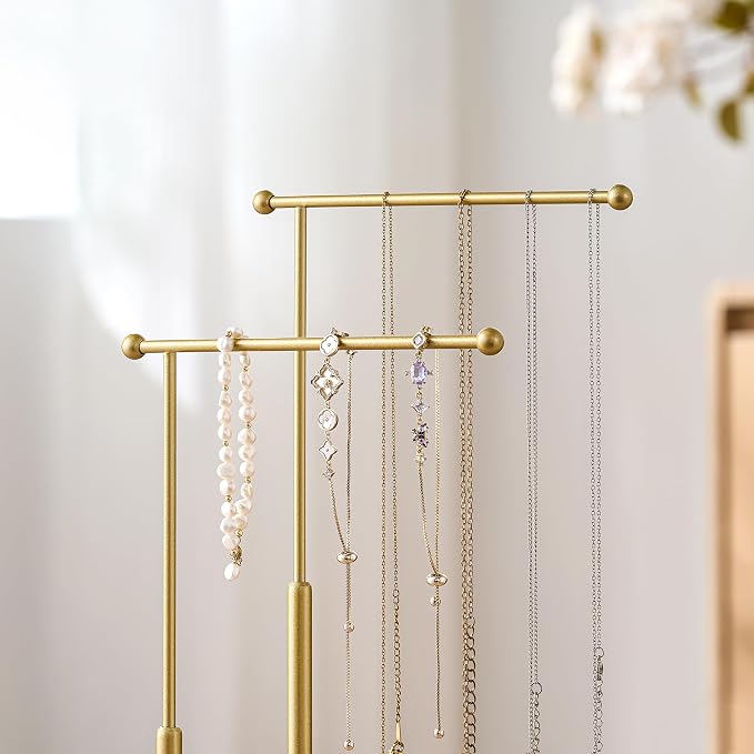 pickpiff Jewelry Organizer Holder Stand: 3 Tier Jewelry Storage Display for Necklace, Bracelet, Earring, Ring, White & Gold