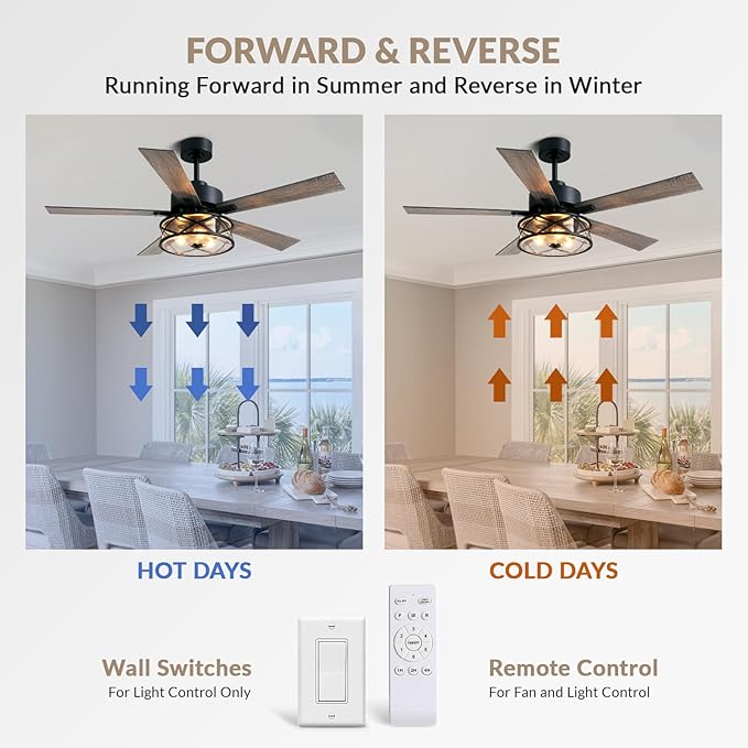 Farmhouse Ceiling Fan with Lights 52 Inch Caged | Bubble glass shade farmhouse fandelier with walnut blades, quiet DC motor, remote, 6 speeds, timer for stylish living spaces.