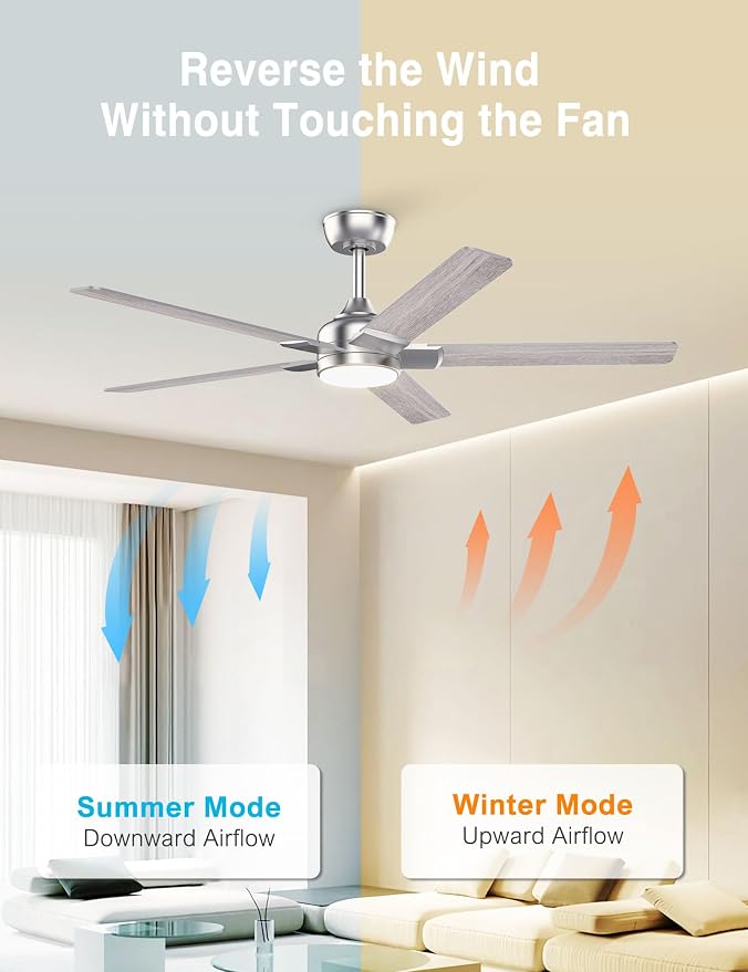DAMINY 52 inch Nickel Ceiling Fans with Lights,5 Blades,3CCT, Low Profile,Remote Control,for Bedroom, Kitchen,Living Room,Indoor/Outdoor Use,Downrod