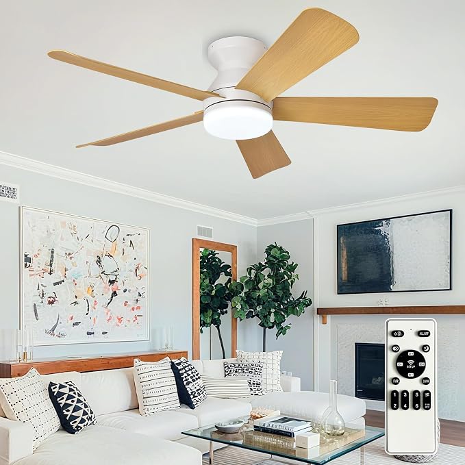 Ceiling Fans with Lights and Remote: 42 Inch Ceiling Fan with Light Low Profile - Flush Mount Ceiling Fan 5 Blades Reversible 3CCT Dimmable Noiseless for Bedroom (White& Wood Grain)