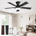 ZMISHIBO Ceiling Fans with Lights, Low Profile Ceiling Fan with Pull Chain and Remote Control, Flush Mount, Reversible, Dimmable, Noiseless, White Pull Cord Ceiling Fan for Bedroom(42inch Black)