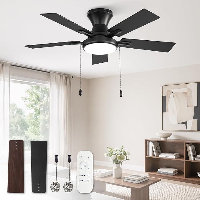 ZMISHIBO Ceiling Fans with Lights, Low Profile Ceiling Fan with Pull Chain and Remote Control, Flush Mount, Reversible, Dimmable, Noiseless, White Pull Cord Ceiling Fan for Bedroom(42inch Black)