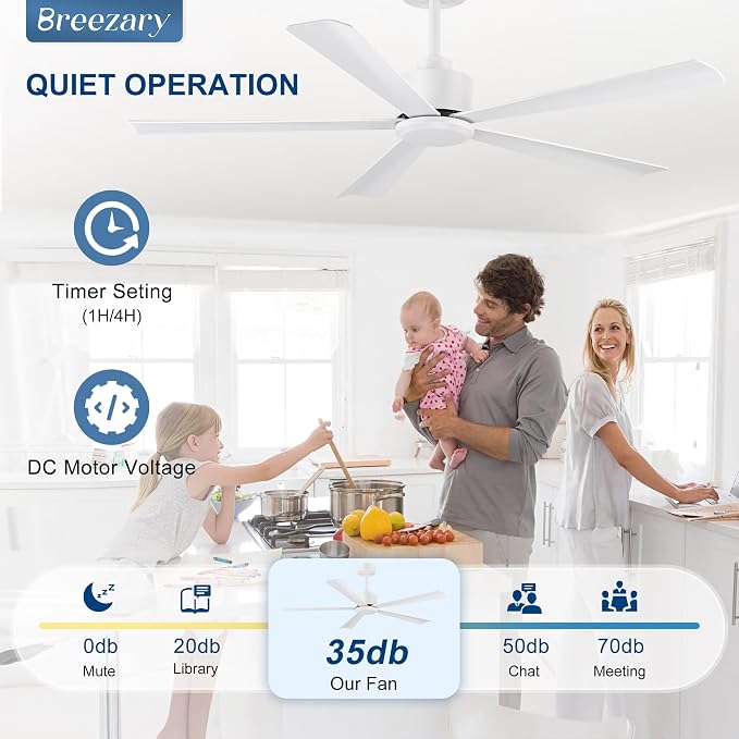 52 Inch 5 Blade Ceiling Fans without Light and Remote Control, Quiet Reversible DC Motor, 6-Speed, Modern Industrial Ceiling Fan for Home Kitchen Bedroom (White)