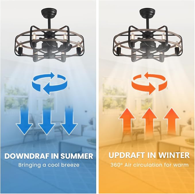 NOXARTE Cage Ceiling Fan with Light, Vintage Fandelier Remote Control, Bladess Industrial Chandelier Ceiling Fan Reverse Motor for Living Dining Room Bedroom Dia 25 Inch