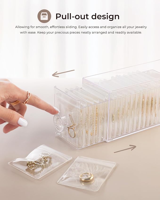 HOMEHIVE Clear Acrylic Jewelry Organizer Box with 20 Portable Pouches, Jewelry Storage Case for Women Girls, Tangle-Free, Anti-Tarnish, Compact Storage for Necklaces/Earrings/Rings, Upgraded Clear