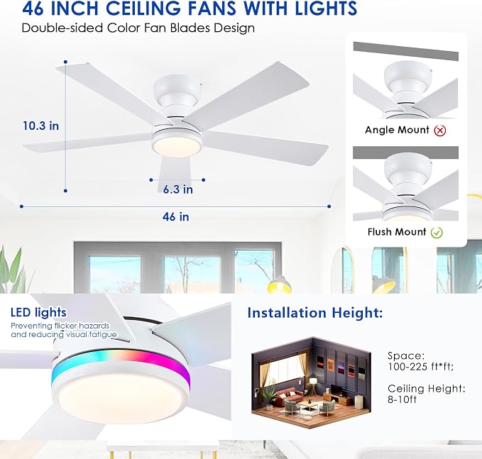 White RGB Ceiling Fans with Lights - 46" Flush Mount Ceiling Fan with Remote APP, RGB+3CCT Dimmable Led Light, Reversible 6 Wind Speeds&2H Timer, Low Profile Modern Fan Light Fixture for Bedroom Party