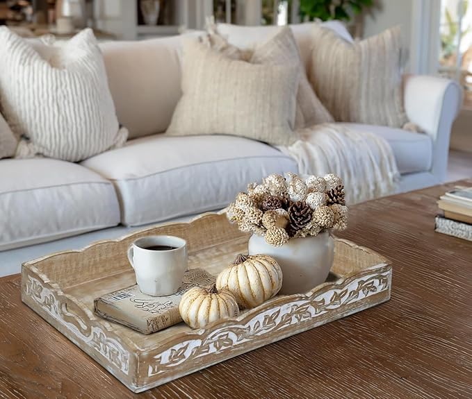 COTTON CRAFT Hand Carved Wooden Serving Tray - Breakfast Tray with Handles | White Wash Finish Decorative Dinner Tray - Rustic Intricately Detailed Unique Furnishing Accent - Food Tray - 17x13x2.75 Inch