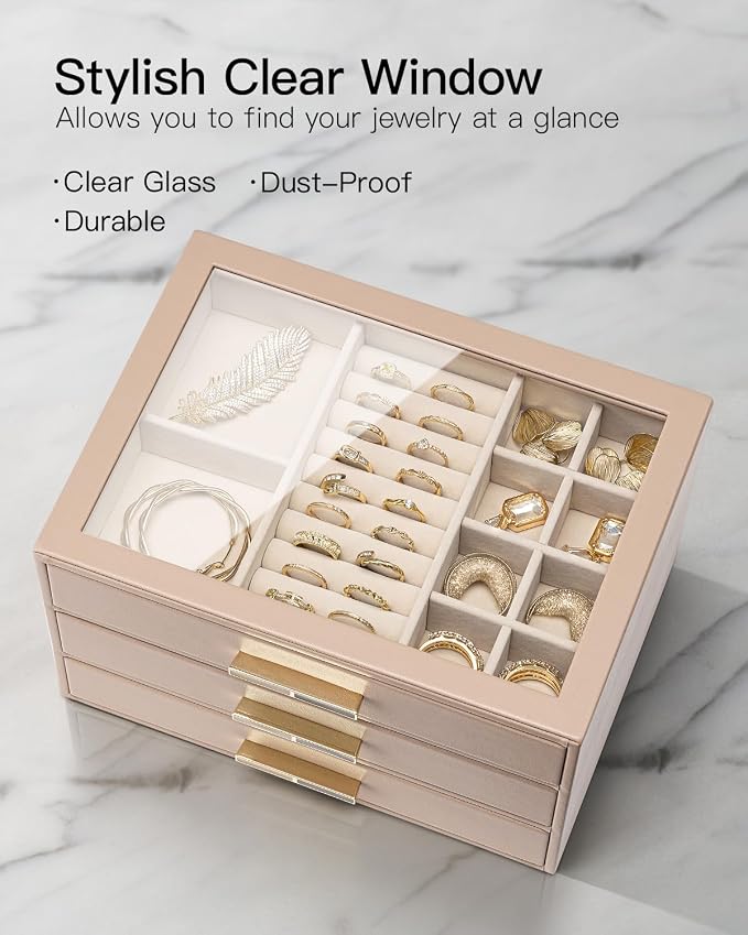 VLANDO Jewelry Box for Women, 3-Layer Jewelry Organizer with Drawers, Glass Lid Display Jewelry Storage, Soft PU Leather Exterior, Contrast Gold Metal Handles, Refined Style – Toffee