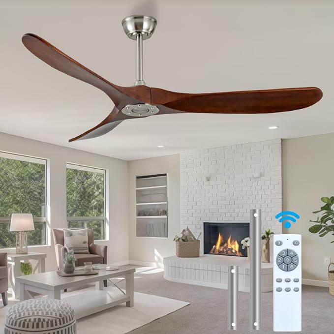 72 Inch Ceiling Fan No Light, Outdoor Patio Wooden Ceiling Fan Without Light,with Remote Control,Quiet Reversible Motor,Suitable for Living Room, Patio, Outdoor, Farmhouse(Brushed Nickel+Dark Walnut)