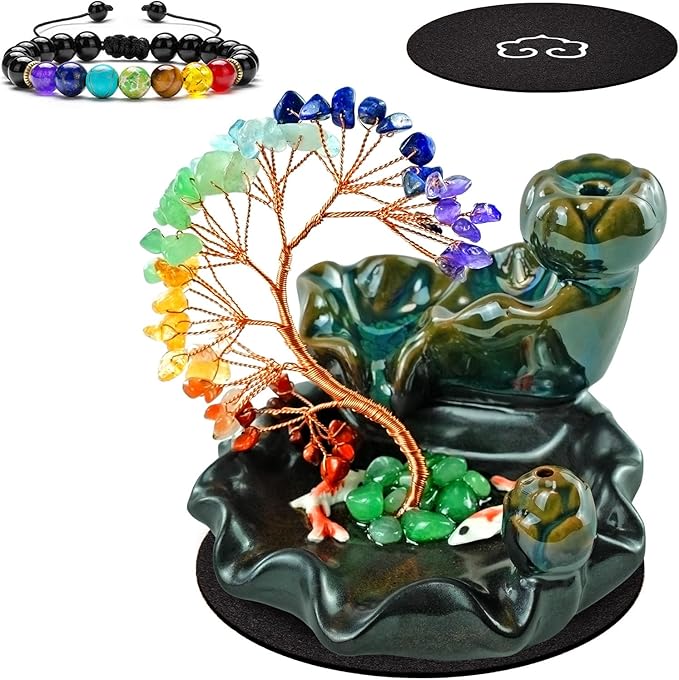 Backflow Incense Burner Ceramic Incense Waterfall Backflow Incense Holder 7 Chakras Gemstone Money Tree Crystal Tree Namaste Chakra Bracelet Cushion FengShui (Green)