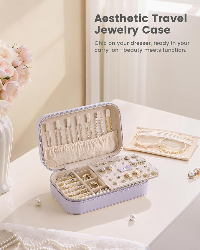Lolalet Travel Jewelry Case for Women Girls, PU Leather Jewelry Organizer with Clear Storage Bag Small Portable Jewelry Box for Necklace Bracelet Earring Ring Birthday Bridesmaid Gifts -Medium/Purple