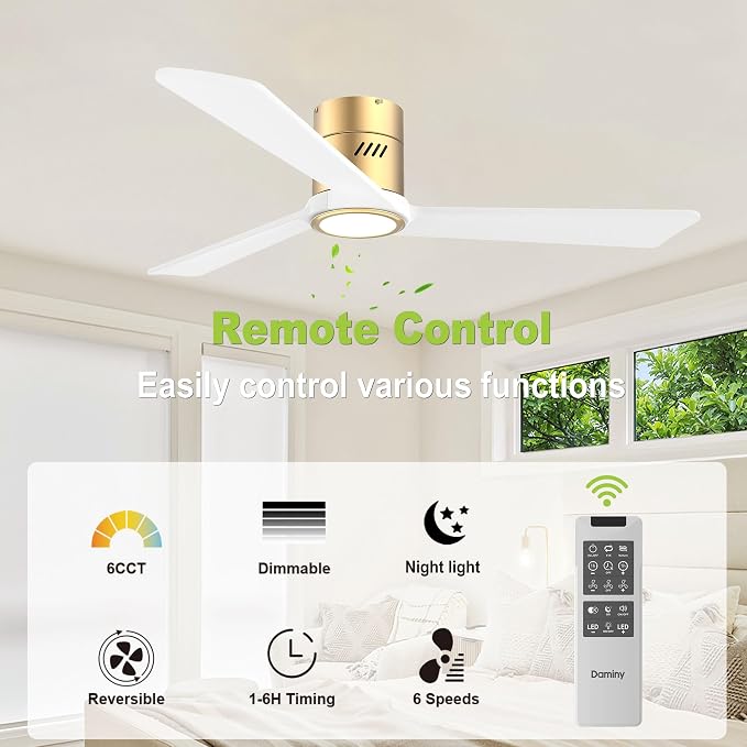 DAMINY Natural Solid Wood White and Gold 52 inch Ceiling Fan with Light,3 Blades,6CCT,Low Profile Ceiling Fan with Light and Remote Control, APP Control,Flush Mount