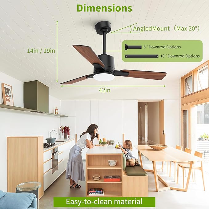 42 Inch Ceiling Fans with Lights, Low Profile Ceiling Fan with Light and Remote Control,10 Min Quick Installation,Reversible,3CCT Dimmable,Quiet,Black Small Ceiling Fan for Bedroom Indoor/Outdoor