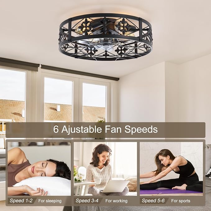 ZYD Caged Ceiling Fan with Light, 20" Ceiling Fan with Lights and Remote Flush Mount, Bladeless Caged Ceiling Fans with Lights, Matte Black Rustic Fan for Bedroom, Kitchen, Dining Room