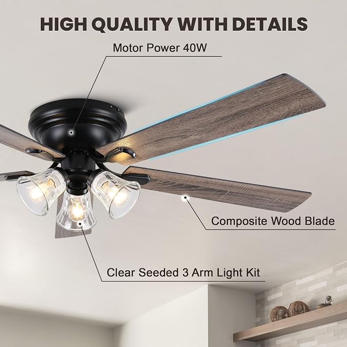 Dawn Whisper 60 Inch Farmhouse Flush Mount Ceiling Fans with 3 Lights Bulbs Base Vintage Low Profile Ceiling Fan for Living Room Bedroom