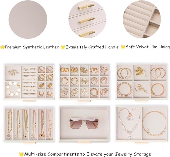VLANDO 6-Drawer Jewelry Box with Glass Lid, Faux Leather Organizer for Rings Earrings Necklaces and More, Gift-Ready Jewelry Case for Women Girls or Moms, Pink Beige