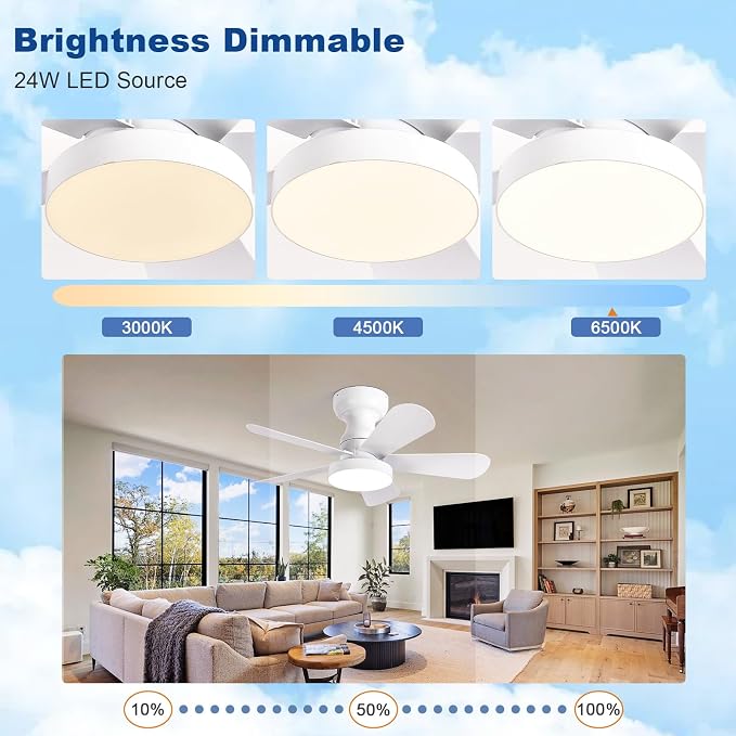 Depuley Small Ceiling Fan with Lights: 28-Inch Flush Mount Fan with Light and Remote - White Low Profile Ceiling Fans Reversible Quiet DC Motor for Bedroom Living Room Indoor Outdoor