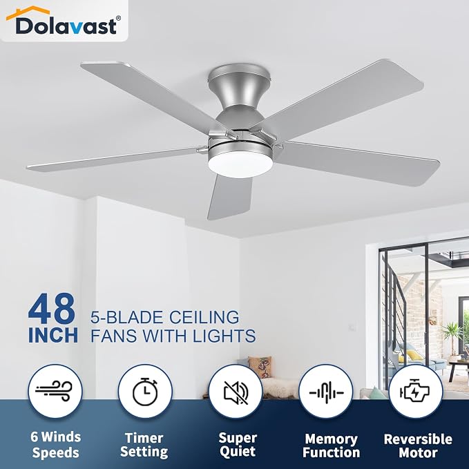 Ceiling Fans with Lights and Remote, 48 Inch Ceiling Fan with Light, Low Profile, Reversible, Dimmable LED, Flush Mount, Quiet, DC Motor, Nickel Ceiling Fan for Bedroom, Kitchen, Dining Room