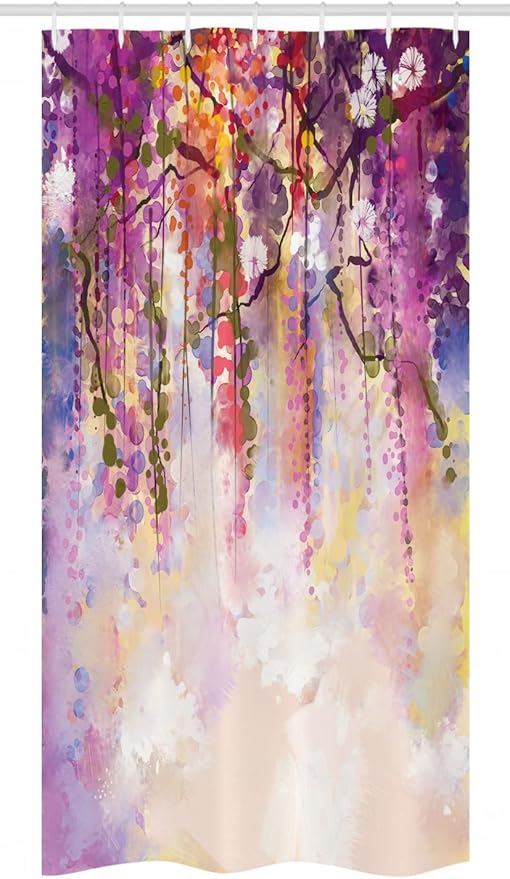 Ambesonne Japanese Stall Shower Curtain, Floral Country Style Watercolor Japanese Garden Flowers with Rain Backdrop, Fabric Bathroom Decor Set with Hooks, 36" W x 72" L, Peach Purple