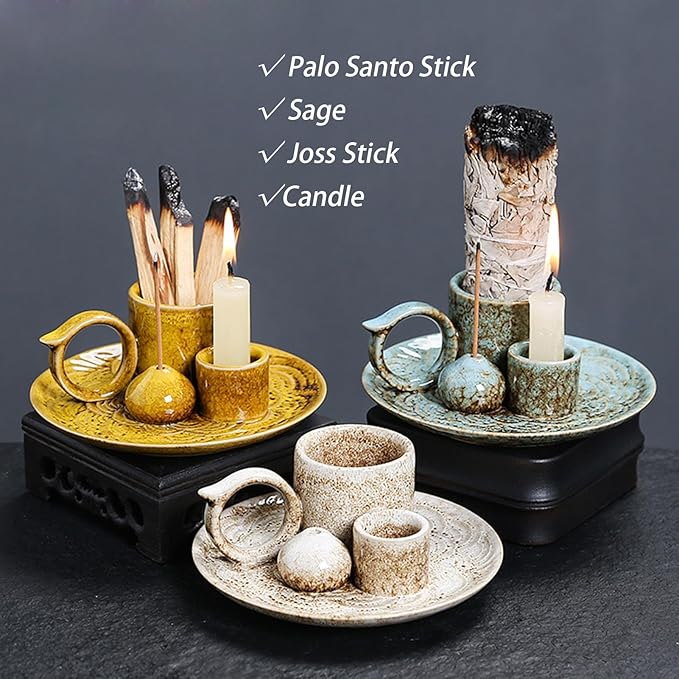 4 in 1 Ceramic Incense Burner Holder with Handle for Burning Sage, Palo Santo Stick, Joss Sticks, Candle in Your New House, Office, Yoga, Meditation Room