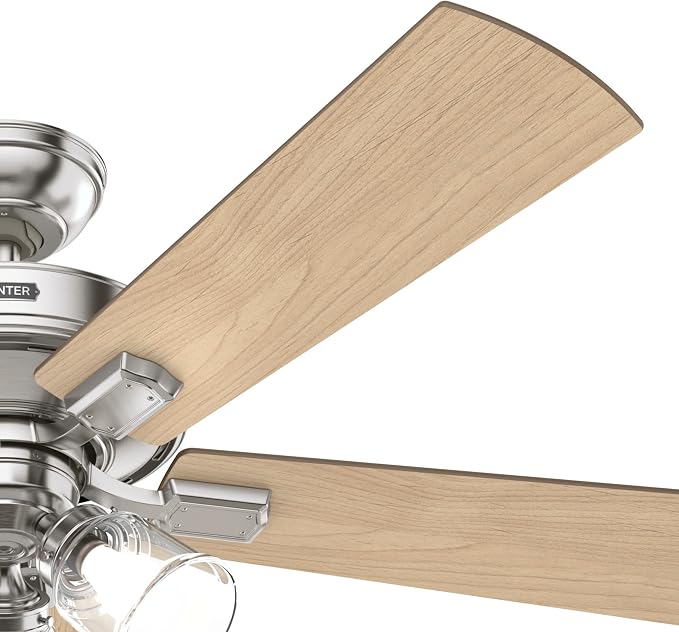 Hunter 52 inch Crestfield Brushed Nickel Ceiling Fan with LED Light Kit and Handheld Remote | with LED Lights and Remote Control, Standard Mount, For Bedroom, Living Room, Kitchen, 3 inch Downrod, 51858