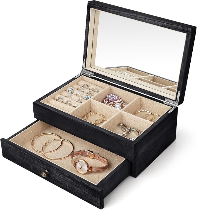 Meangood Jewelry Box Organizer for Women, 2 Layer Large Jewelry Storage Case, Rustic Wooden Jewelry Box with Mirror & Ring Tray for Necklace Earring Bracelets Rings, Vintage Style (Black)